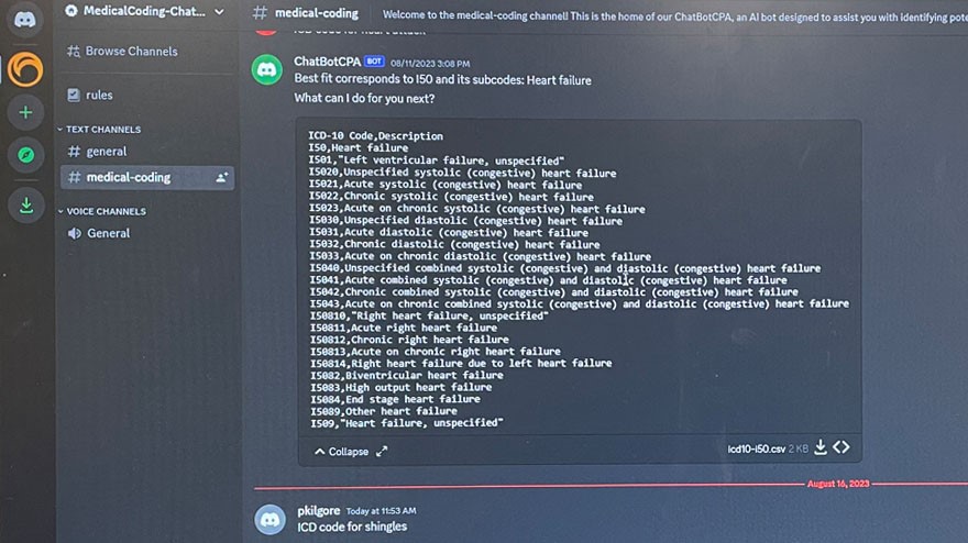 ChatBotPCA screenshot showing medical coding related to heart failure