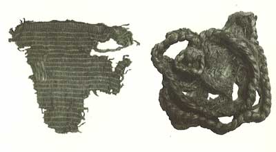 Fragment of spaced, S-twined fabric and example of heavy braided cordage from Arnold Research Cave