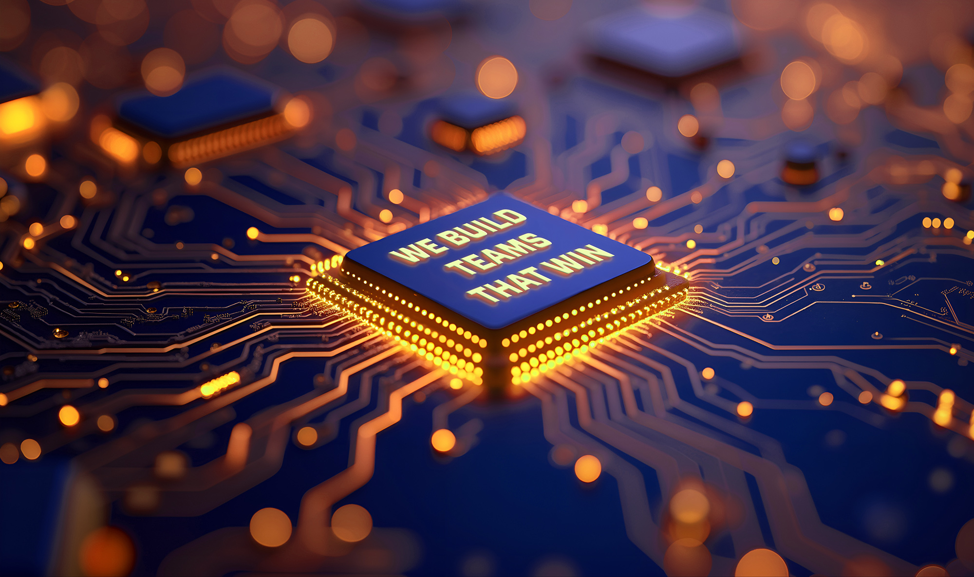 Computer chip that says "We Build Teams That Win"